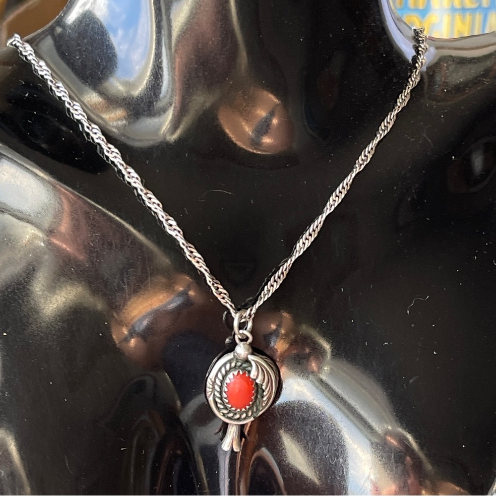 Native American Squash Blossom Sterling Silver Chain Necklace, Red Coral Pendant